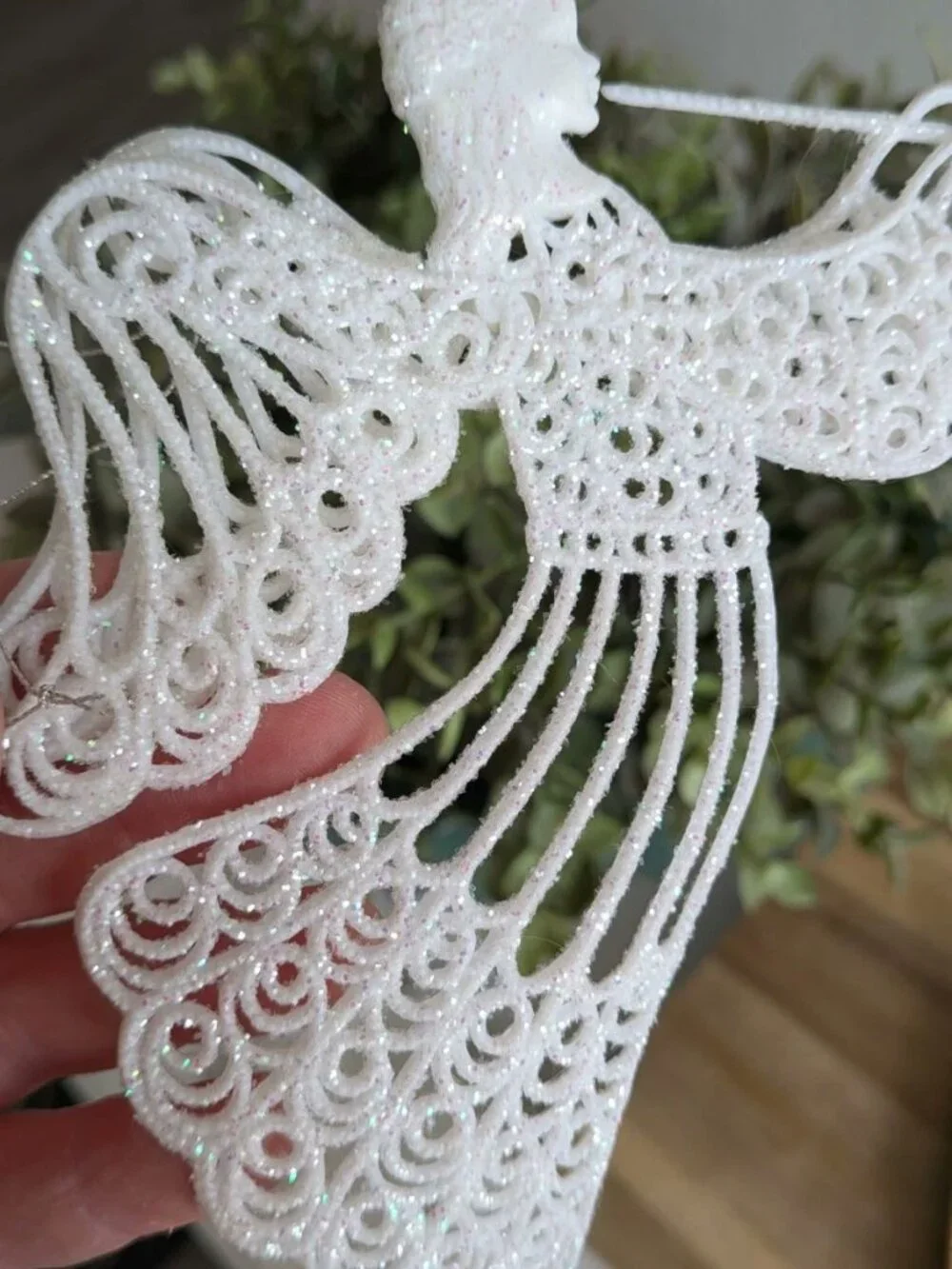 7 Vintage White Plastic Glitter Angels With Horn Xmas Ornaments